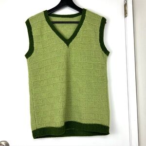Handknit Supersoft Stretch Wool Grandpa Sweater Vest size M Acid Green Two Tone